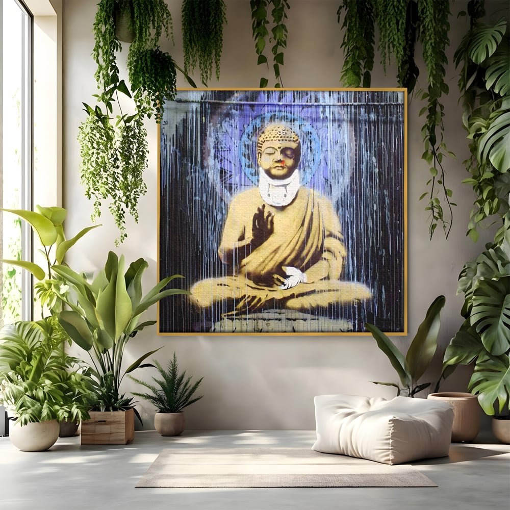 Tablou canvas cu tablou canvas cu statuie buddha stilizata, in rama de aluminiu auriu